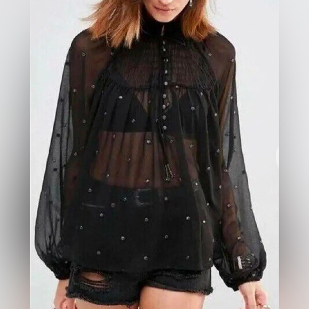 Free People Ready To Run Sheer Smocked Dot Georgette Hi-Lo Top